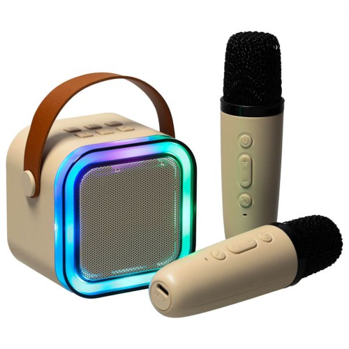 KIK karaoke komplektas su Bluetooth garsiakalbiu, 2 mikrofonais, USB, LED, 6W, smėlio spalvos