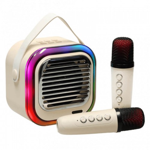 KIK karaoke komplektas su XL Bluetooth garsiakalbiu, 2 mikrofonais, USB, LED, 10W, smėlio spalvos