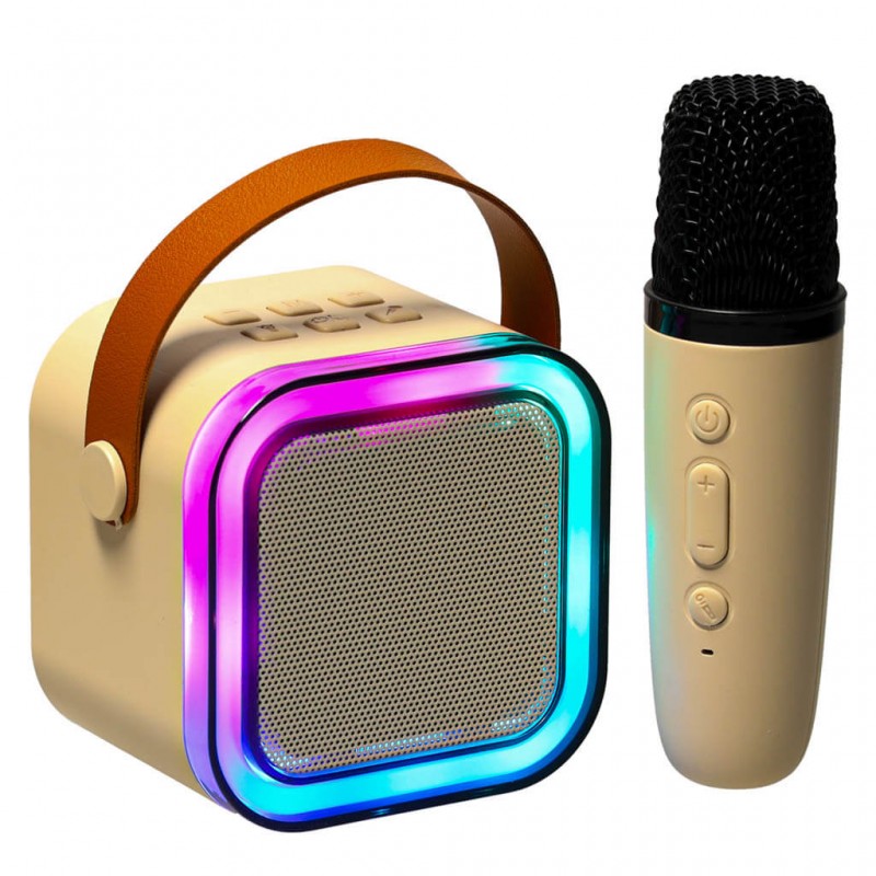 KIK karaoke komplektas su Bluetooth garsiakalbiu, mikrofonu, USB, LED, 6W, smėlio spalvos KIK karaoke komplektas su Bluetooth garsiakalbiu, mikrofonu, USB, LED, 6W, smėlio spalvos