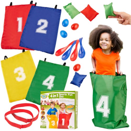 KIK sportinių žaidimų rinkinys - maišeliai, kiaušiniai ir šaukštai 4in1