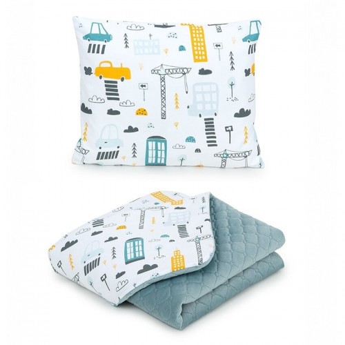 MAMO TATO Premium antklodė + pagalvė "Miestas", pilkas (75x100/38x30)