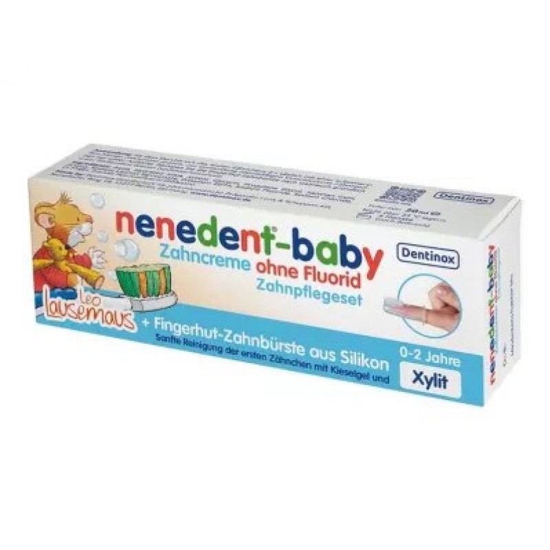 DENTINOX 0-2 m. dantų pasta be fluoro 20 ml ir silikoninis antpirštis-dantų šepetėlis Nenedent-Baby