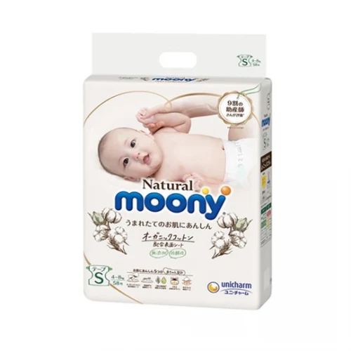MOONY NATURAL japoniškos sauskelnės naujagimiams, S, 4-8 kg, 58 vnt.