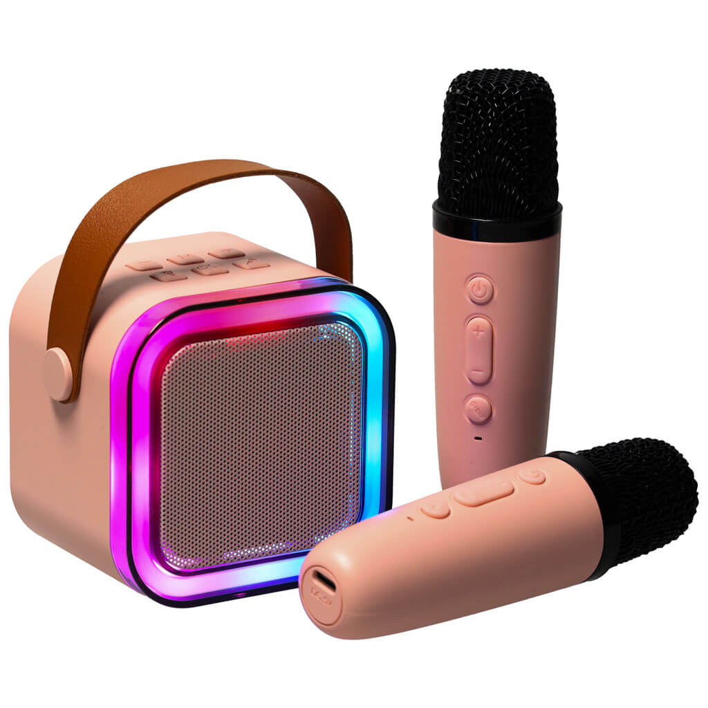 KIK karaoke komplektas su Bluetooth garsiakalbiu, 2 mikrofonais, USB, LED, 6W, rožinės spalvos